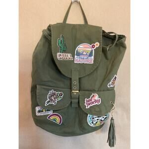 Justice Army Green Slouch/Boho Backpack Travel bag W/Patches 18x13x6.5
